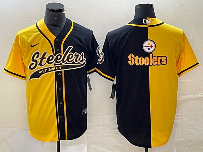 Men's Pittsburgh Steelers Yellow Black Split Team Big Logo Cool Base Stitched Baseball Jersey